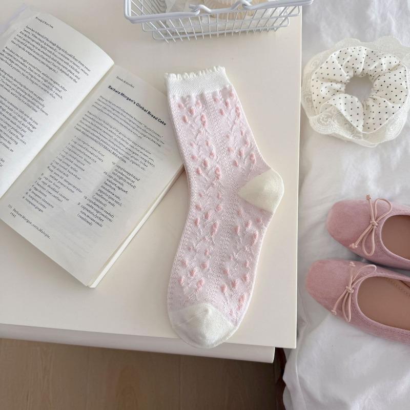 Pink Floral-patterned Socks - Spring and Summer Pile Socks, Simple Lace-edged Bow Tie Ankle-length Socks