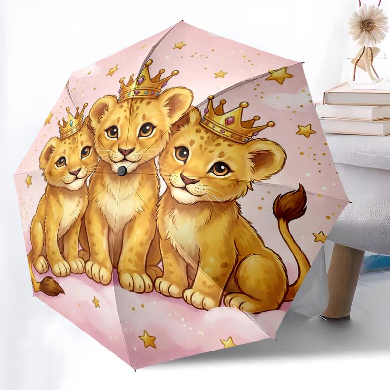 1pc Sturdy 8-Bone Auto Umbrella, Golden Ornate Lion Umbrella, Digital Printed, Foldable Umbrella for On-the-Go Outdoor Use