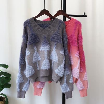 Patchwork-Imitat-Nerz-Samt-Strickpullover-Oberteil Herbst und Winter Neu Locker und Farbverlauf Helle Seide Pullover Damen