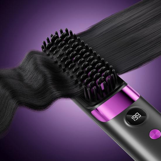 Portable Hair Straightener Brush 4 Temperature Adjustable LED Display Fast Heating Cordless Electric Hot Brush Curly Hair Styling Detangling Comb