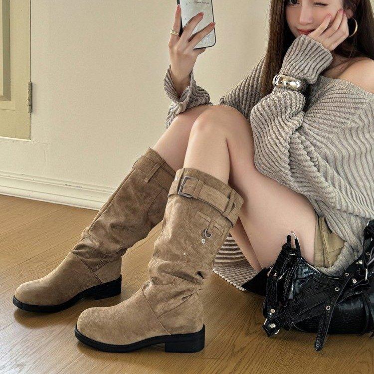 Maillard Belt Buckle Pleated Pile Boots Women's 2025 New Matte Long Knight Boots Wide Tube Thick Heel Western Boots