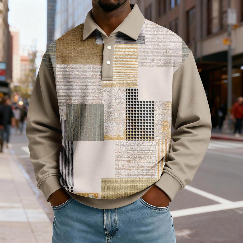 Men's Casual Loose Colorblock Print Lapel Button Long Sleeve Top