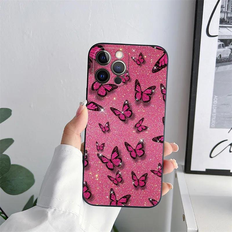 Beauty Pink Butterfly Phone Case for iPhone 11 15 Pro Max Case Coque 14 Plus 13 Pro 12 Mini 11 X S XR 7 8 SE 2020 TPU Soft Cover