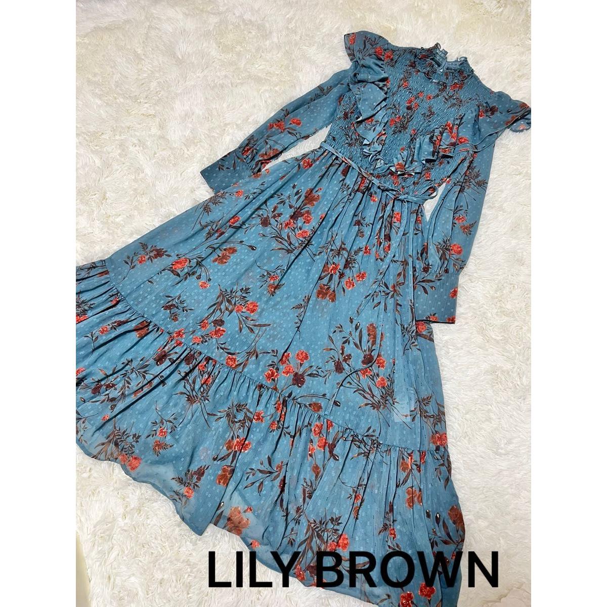 [Good condition] LILY BROWN long dress, floral pattern, frills, gold buttons