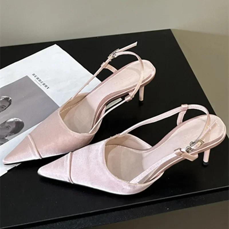 Fashion High Quality Satin Slingback Pumps Women Sexy Pointed Toe Back Strap Buckle High Heel Sandals Fashion Shallow Party Dress Shoes