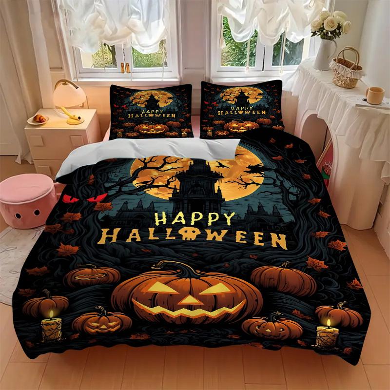 3pcs Horror Theme Happy Halloween Bedding Set - Includes Quilt Cover and Pillowcases, Suitable for All Seasons, Machine Washable - Ideal Gif