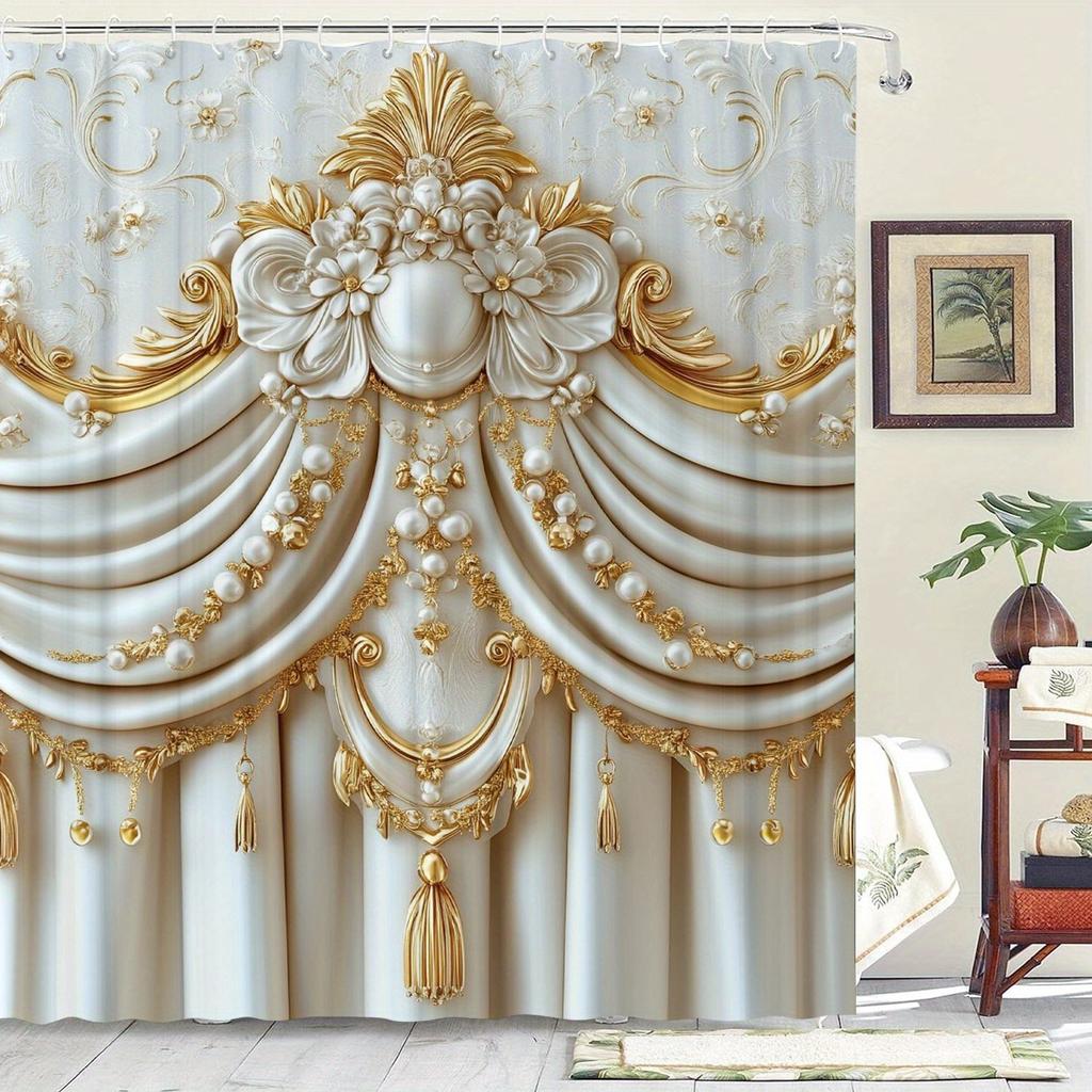 Exquisite Flower Pattern Shower Curtain | Waterproof & Machine Washable, Ideal For Home, Hotel, And Room Decor, One-Piece