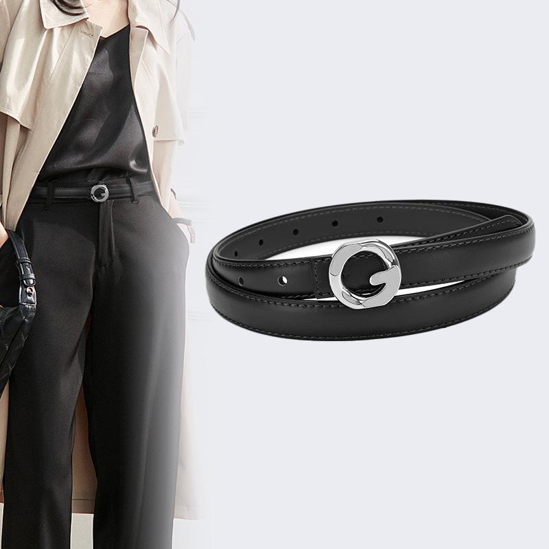 Genuine Leather Belt for Women Summer Decorative Jeans Trousers Versatile Fashion Black Simple Delicate Retro Ins Style Belt
