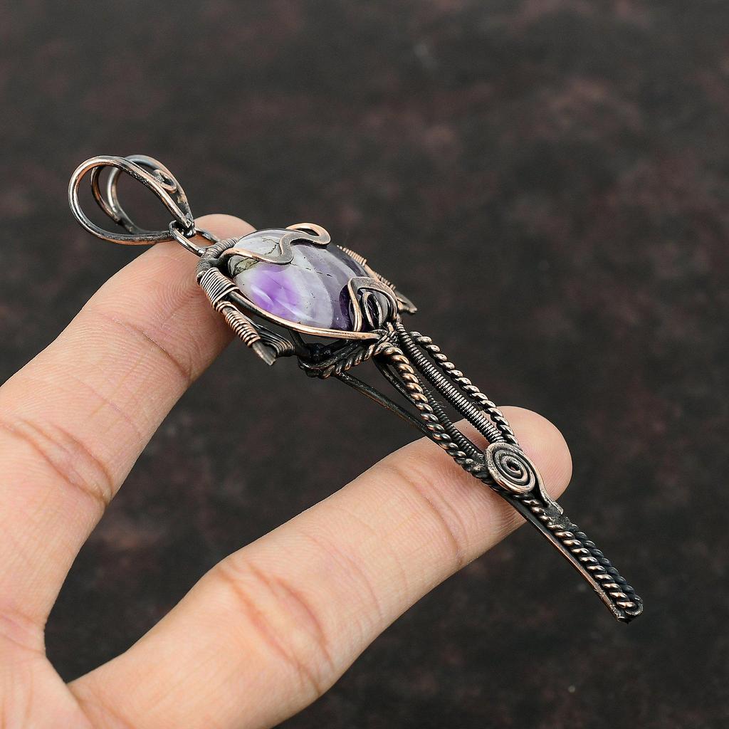 Chevron Amethyst Pendant Copper Wire Wrapped Pendant Gemstone Handmade Jewelry Women Pendant Designer Copper Jewelry Unique Pendant For Gift