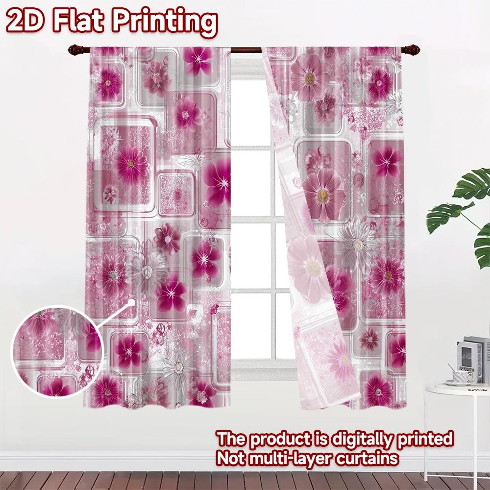 2D flat printing 2pcs Curtain Curtains Spring Floral Squares Digital Printed Polyester Drapes Family Party Decoration for