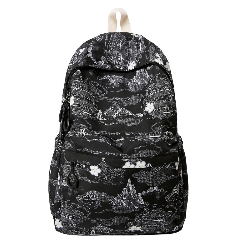Zaino in Nylon Stampato Paesaggio Stile Cinese con Grande Capacità e Tasche Multiple Adatto per l'Uso Quotidiano e Studentesco Come Zaino Studentesco