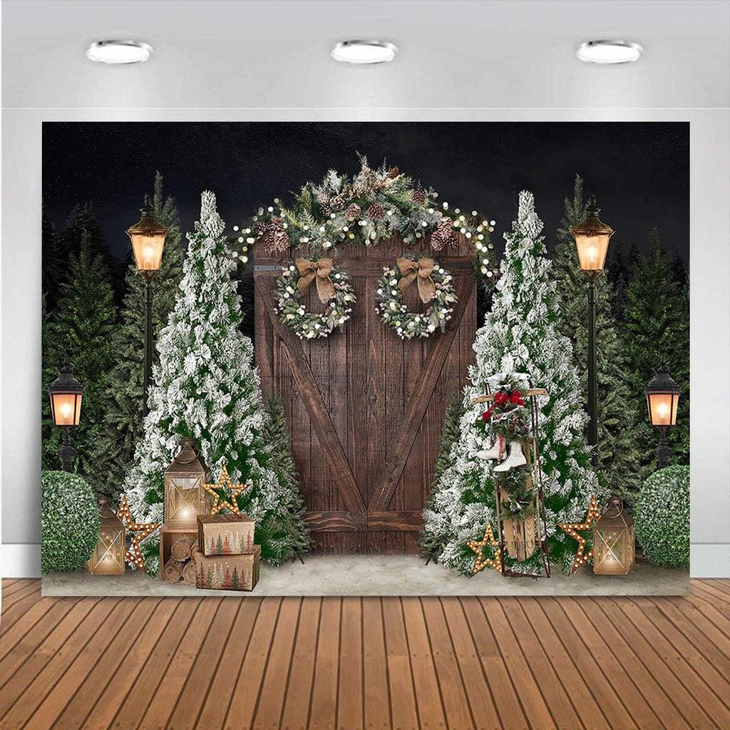 Mocsicka 7x5ft Christmas Photography Backdrop Winter Rustic Wood Door Background With Xmas Tree, Gifts, Family Decoration Banner