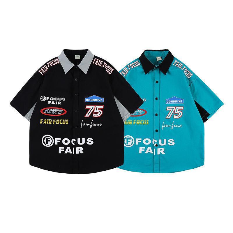 Men's American Retro Hiphop Street Racing Short-Sleeve Summer Shirt - Trendy, Motorcycle-Inspired, Loose, Thin Design