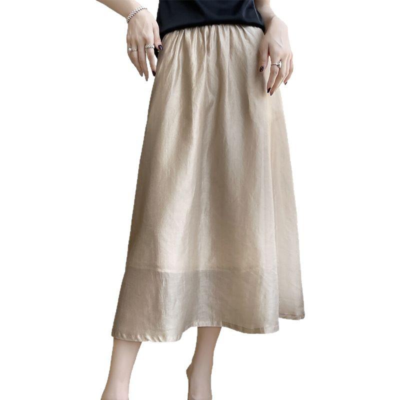 Women's Summer A-line Silk Satin Midi Skirt - High Waist, Solid Color