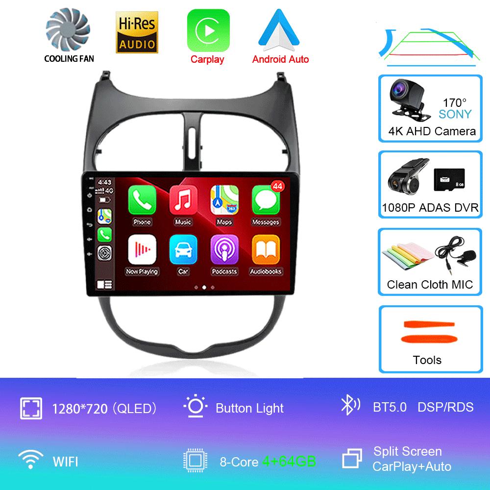Android 14 2 Din Carplay Auto For Peugeot 206 CC SW C2 2001-2008 Car Radio GPS Multimedia Video Player Stereo WIFI+4G DSP