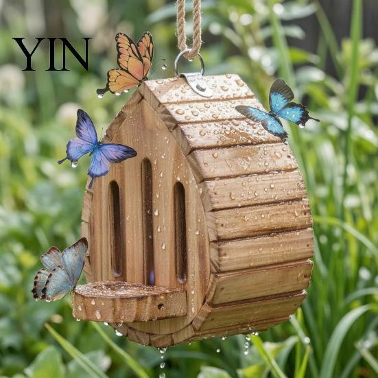 Butterfly Feeder Wooden House And Feeder, Outside Hanging Shelter, Teardrop Shaped for Garden Decoration Pollinator Habitat Friendly