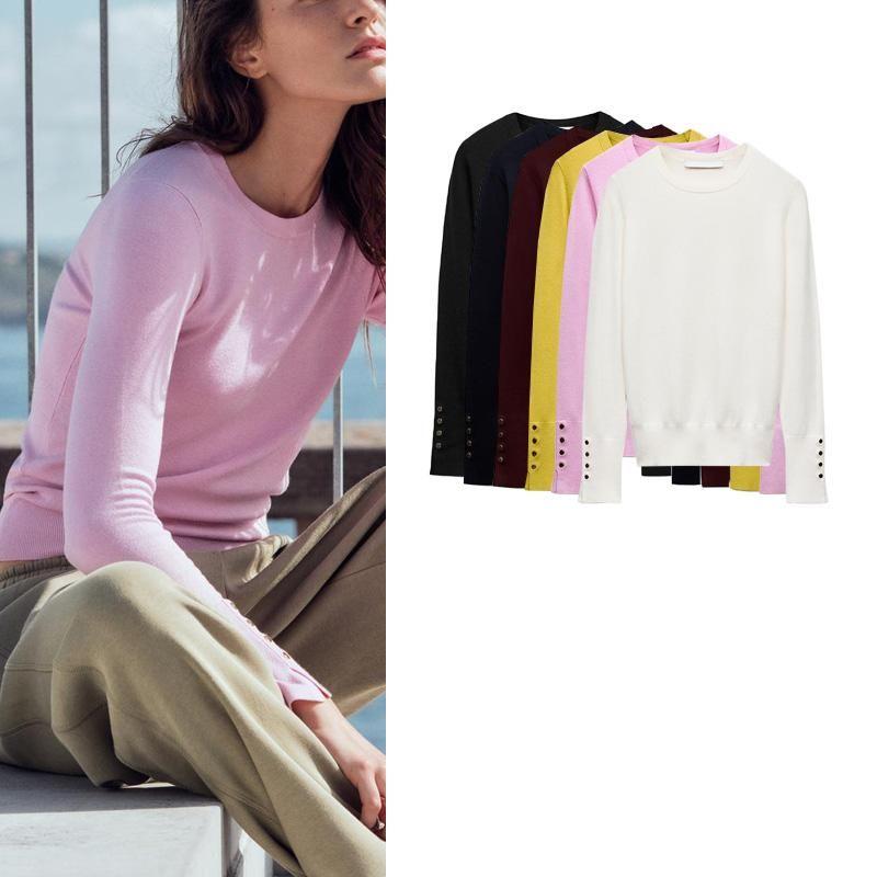 Fall and Winter New Women's Clothing Cuff Four Buttons Plain Stitch Basic Round Neck Long Sleeves Knitwear Tops 8851170