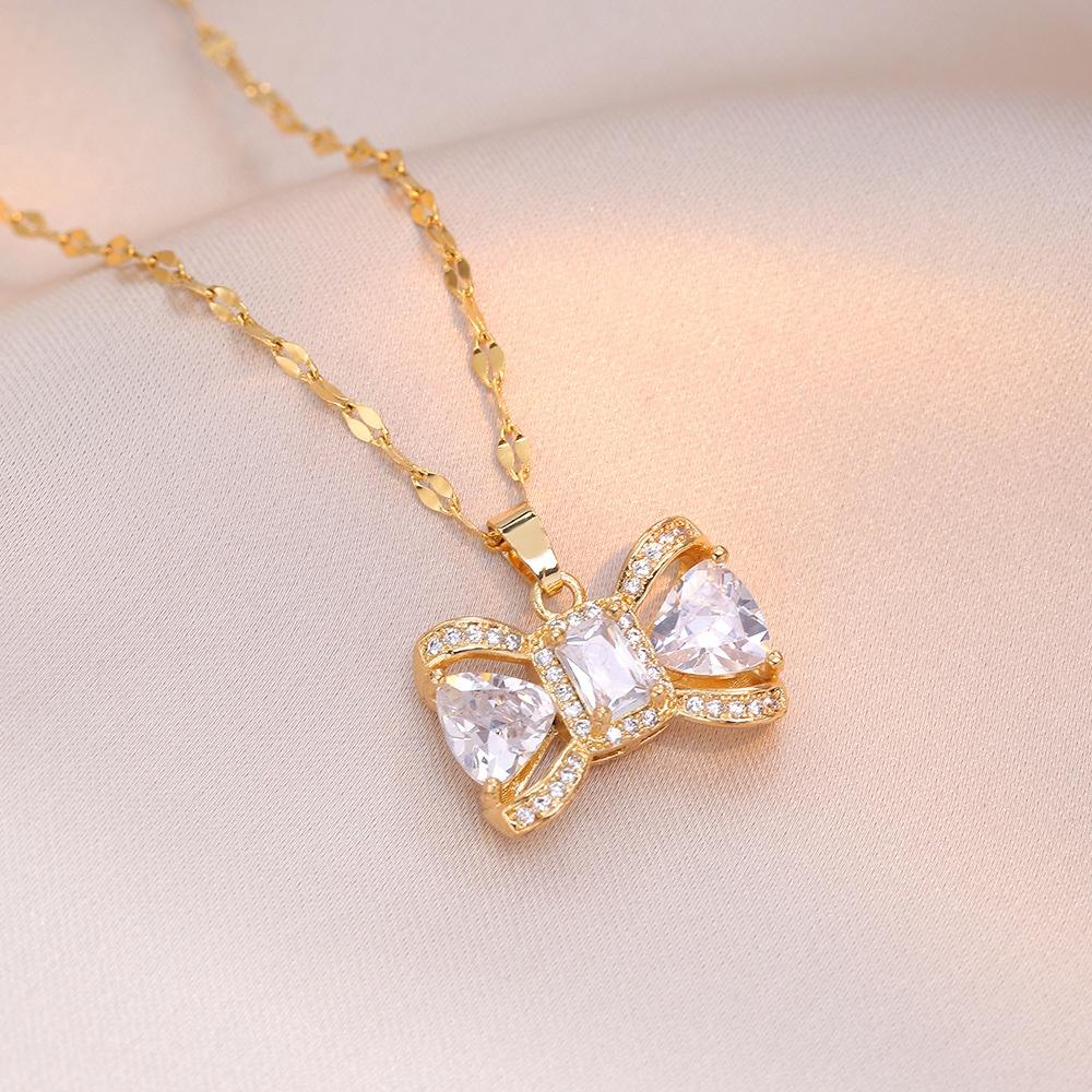 Cute Female White Zircon Stone Bow Skeleton Pendant Necklace Gold Color Wedding Jewelry For Women