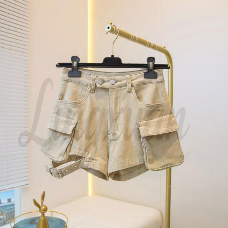 

Women s Retro High-Waisted Ripped Denim Cargo Shorts with Big Pockets, A-Line Summer Style Extra Small хаки