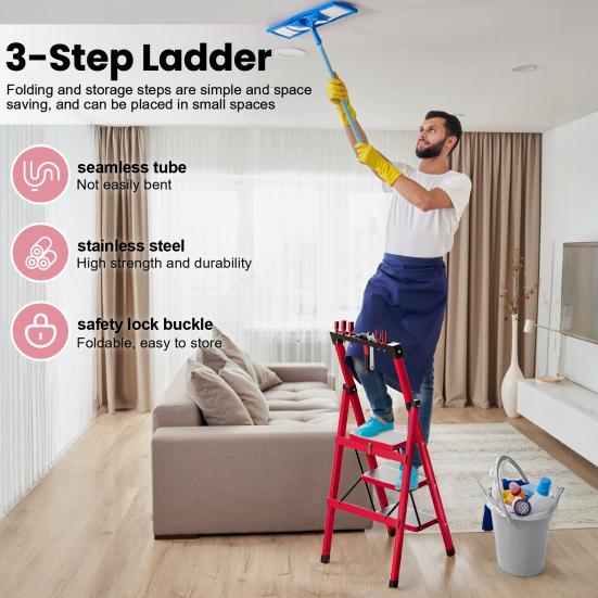 3 Step Ladder Ladder, Portable Steel Folding Stool with Tool Platform, Wide Anti-Slip Pedal and Feet for Household, Office, Iron Construction,