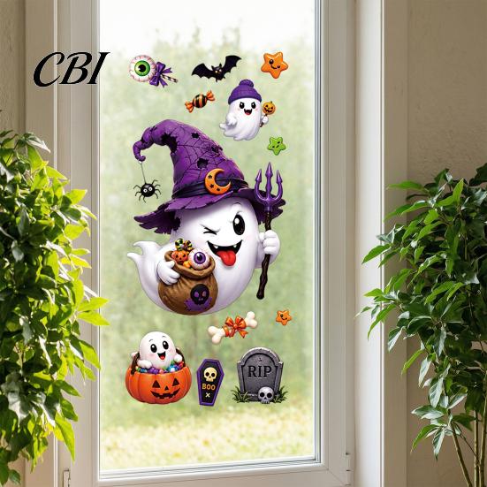 Removable Glass Stickers Halloween Witch Hat Ghost Window Clings, Spiders Bat Pumpkin Spooky Accents for Home Holiday Party Store Decoration Clings