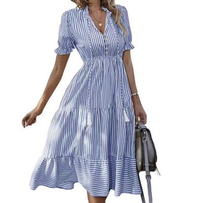 Women's Causal Striped Tassel Medium Long Dress V Neck Button Short Sleeve Spring Summer Dress
