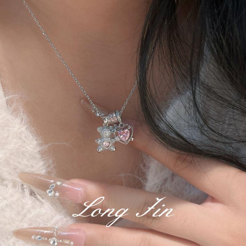 Set Full Of Diamond Love Running Ring Bear Necklace Stud Earrings Female Internet Celebrity Style Niche Design Light Luxury Collarbone Chain