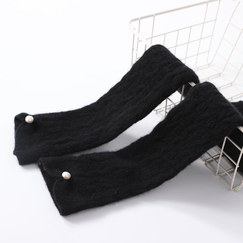 Women's Long Fingerless Cashmere Wool Gloves with Pearl Detail