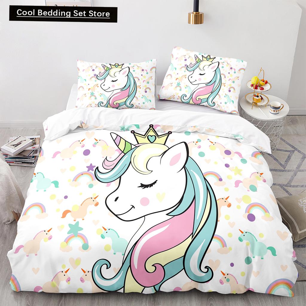 Einhorn-Bettwäsche-Set (King- und Queensize) mit Märchenmotiven und magischen Tieren für Kinder (Jungen und Mädchen) – Sternenuniversum – Polyester-Bettbezug