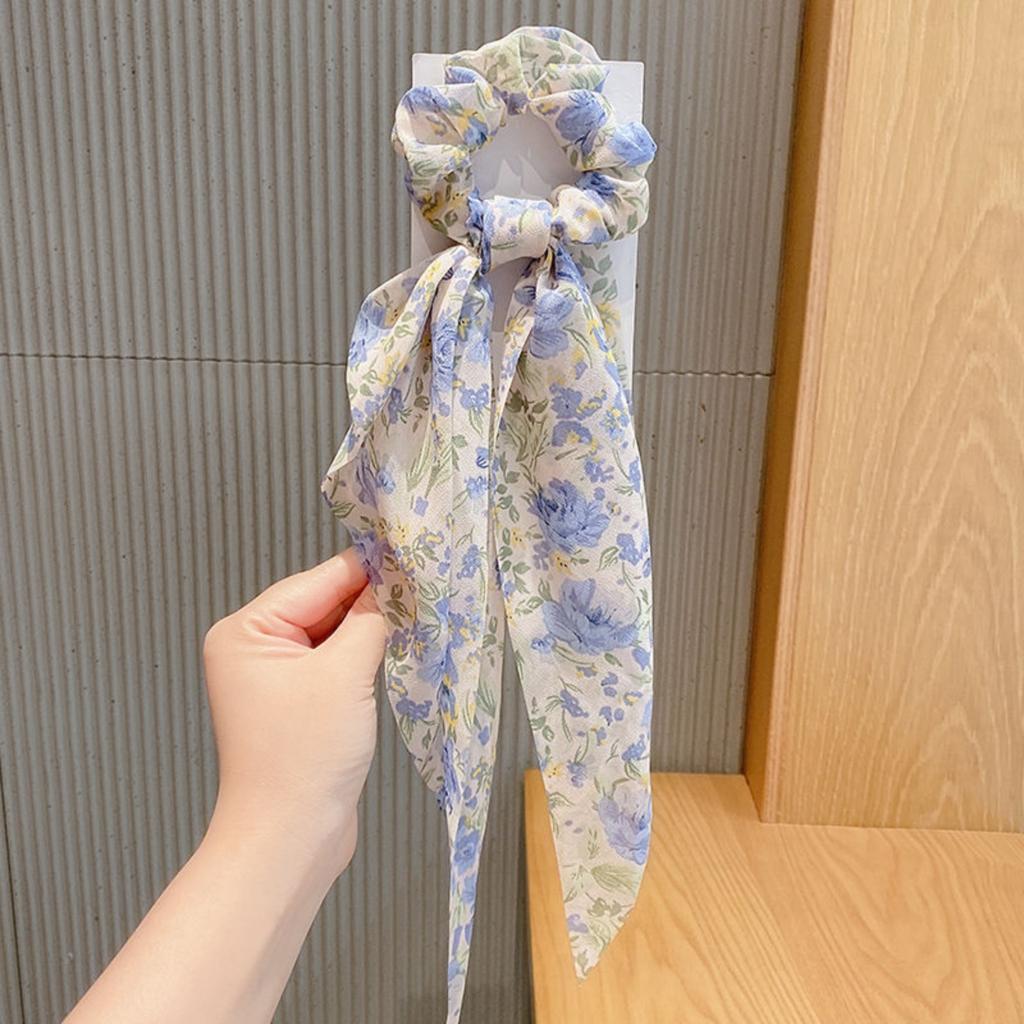 Satin Print Bowknot Ribbon Scrunchie with Long Flowing Tails Floral Patterned Hair Tie for Women and Girls Elegant National Style Hair Accessory