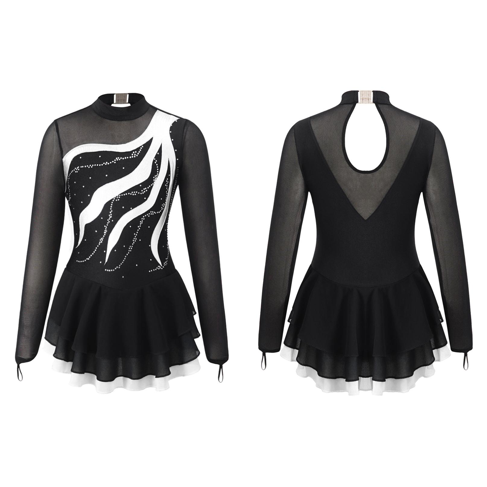 Inhzoy Kinderen meisjes lange mouw kunstschaatsjurk glanzende strass mesh tutu ballet gymnastiek dans turnpakje jurk 11-12 Years wit