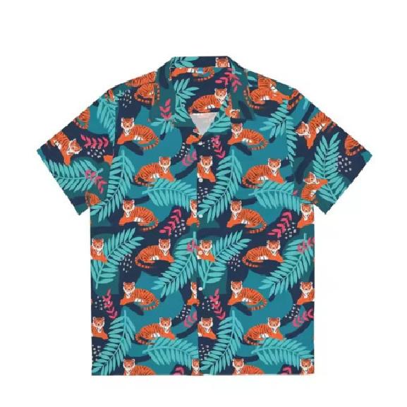 Herren Hawaii Tiger Strandhemd Mode Tierhemd Party Urlaub Kurzarm Freizeithemd