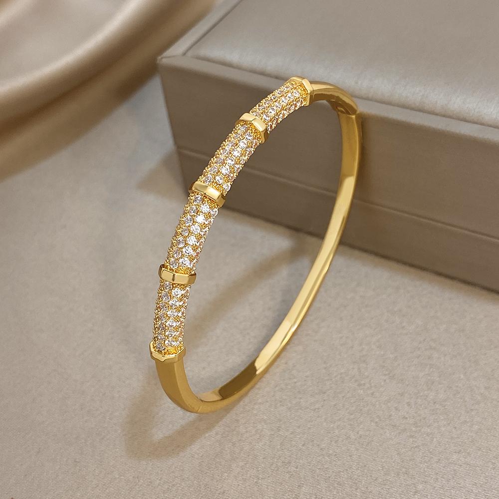 Luxury Bamboo Inlaid Zircon Smooth Bracelet for Women Fashion Gold Plated Copper Cuff Bangle Bracelets Waterproof Jewelry
