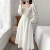 Long Dress Women Fashion Dress Women's Long-sleeved Skirt Temperament Square Collar Over The Knee Long Hepburn Style Small Black Dress