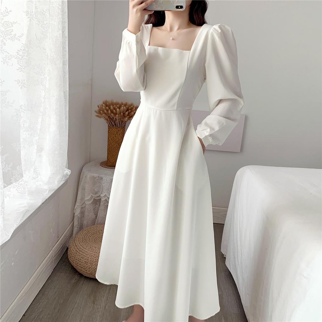 Long Dress Women Fashion Dress Women's Long-sleeved Skirt Temperament Square Collar Over The Knee Long Hepburn Style Small Black Dress