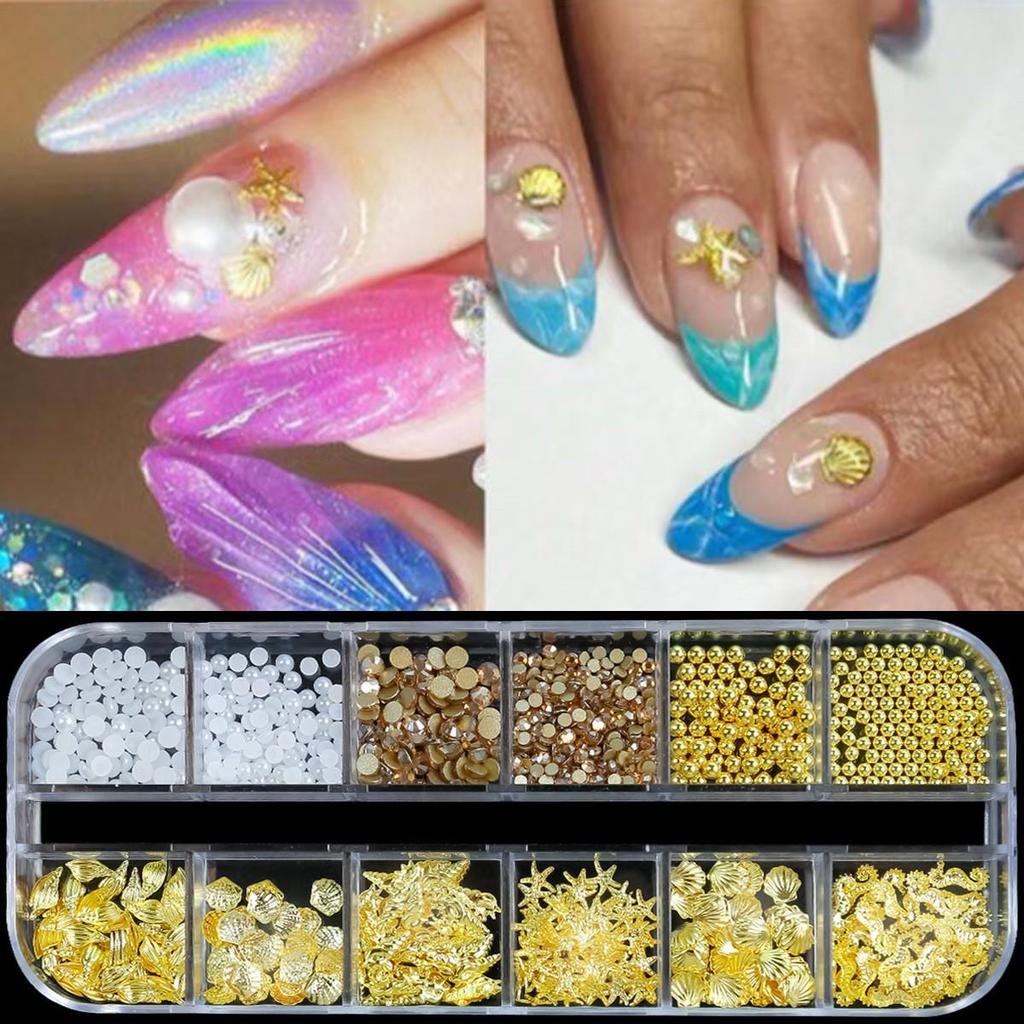 12-Grid Boxed Nail Art Ornaments: Seashell, Starfish, Bow, and Metal Rivets