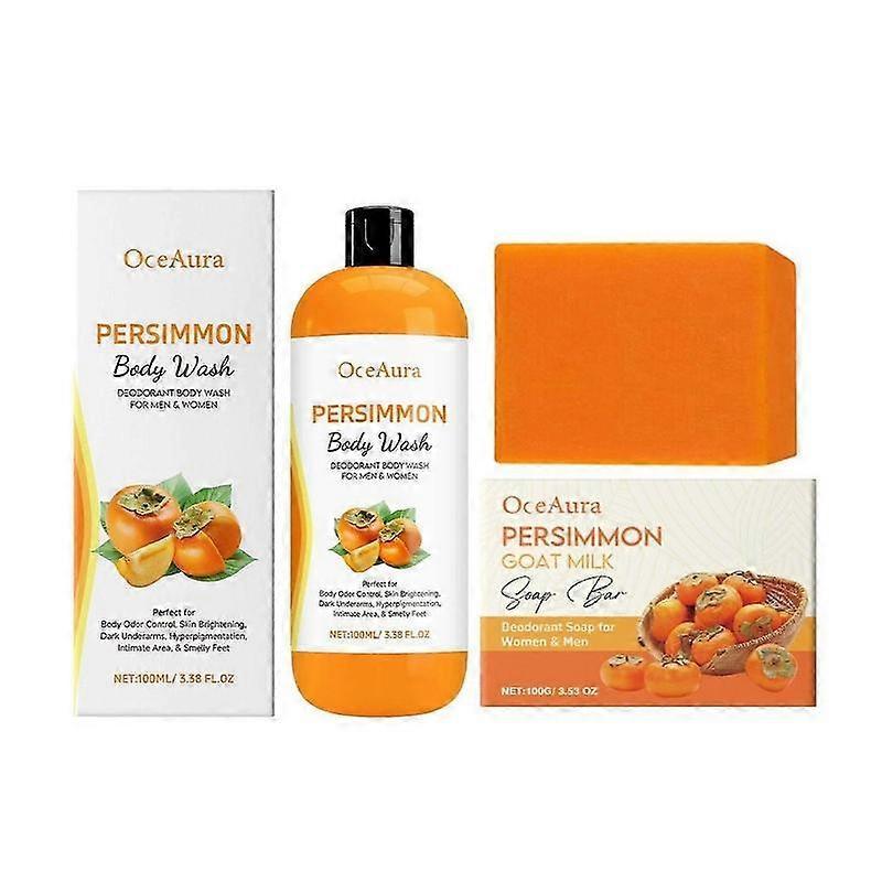 Kaki Duschgel + Kaki Seifenstück Set zur Geruchskontrolle, Reinigendes Deodorierendes Duschgel zur Geruchsbeseitigung, Hautaufhellend