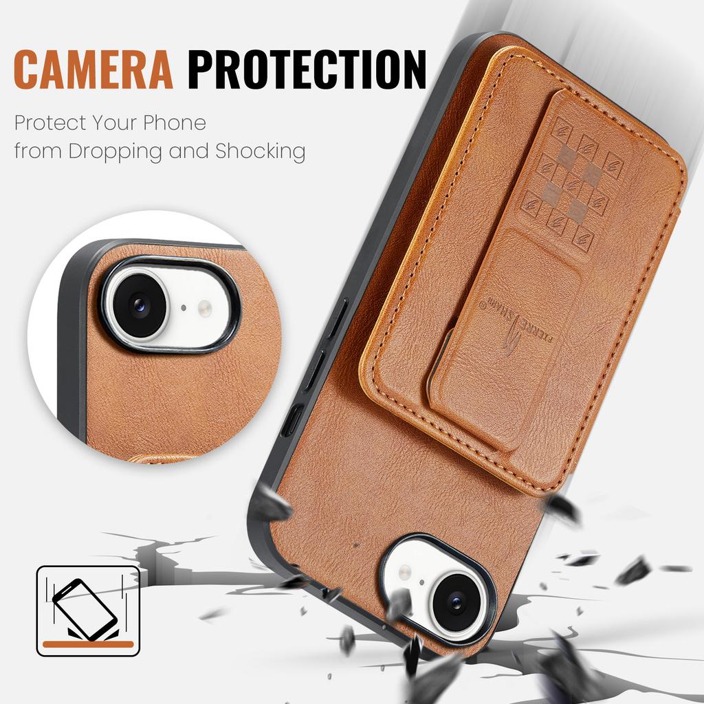FIERRE SHANN 024 For iPhone 16e Case Card Holder Kickstand Waxy Texture Leather+TPU Phone Cover