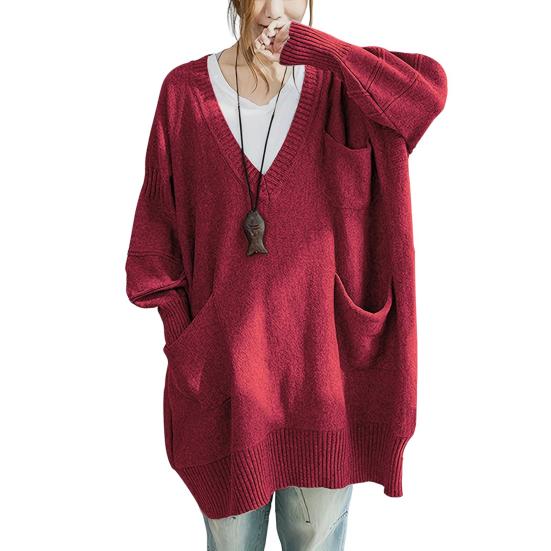 Women Sweater V-Neck Long Sleeve Sweater with Pockets Solid Color Loose Fit Long Hem Knitting Tops Autumn Winter Wear