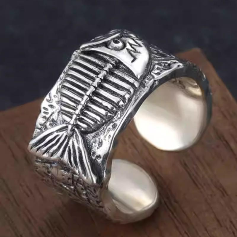 2024 Retro Fishbone Wide Band Hiphop Ring - Unisex Open Graffiti Style with Timeless Personality