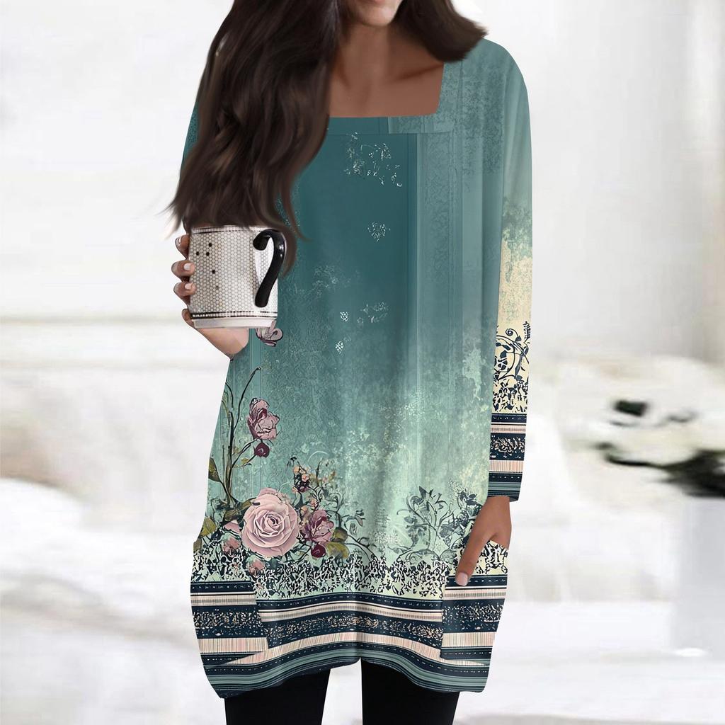 Womens Tops Square Collar Long Sleeve Blouses Casual Mid-length Shirts Fashion Print Tunic Tops With Pockets