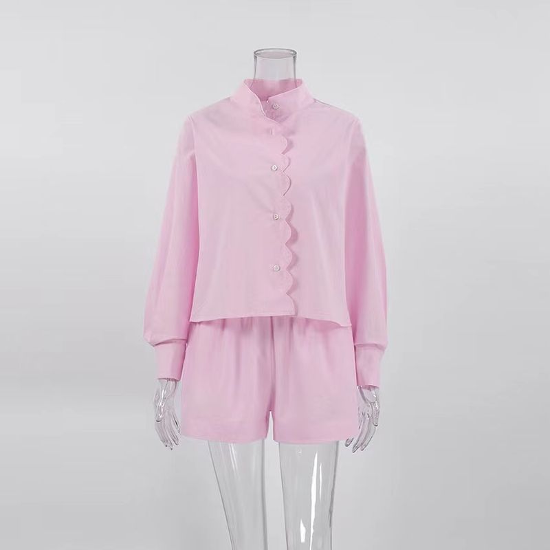 

European and American Summer New Small Stand Collar Long sleeve Shirts Shorts Fashion Two-piece Set Shirt and Shorts Set Pink S