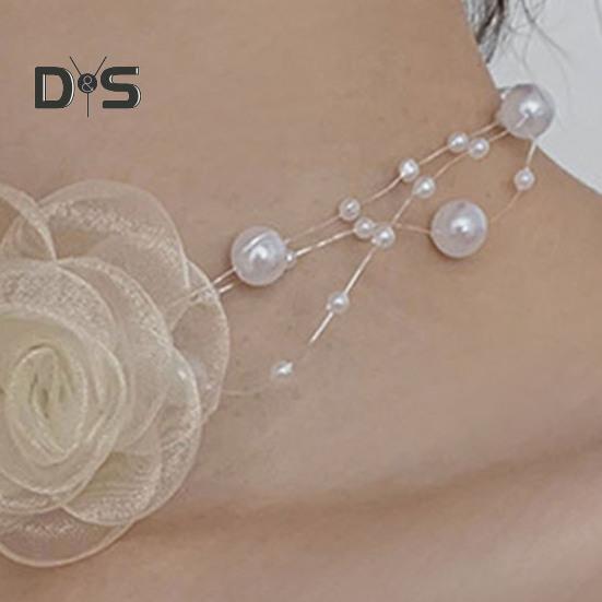 Women Wedding Collar Sheer Mesh Faux Pearl Decor Camellia Shape Adjustable 3 Layer Party Bride Bridesmaid Choker Neck Jewelry