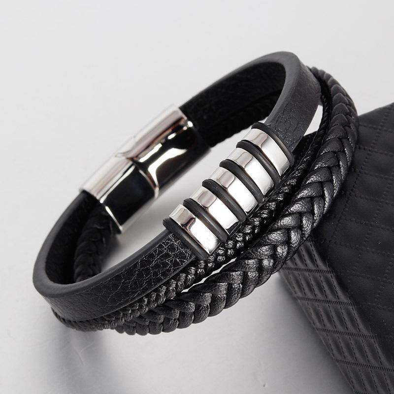 Bracciali alla moda in vera pelle da uomo Bracciali in corda intrecciata multistrato in acciaio inossidabile per gioielli da uomo e donna