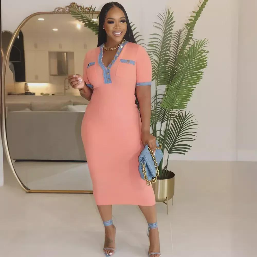 European & American Women's Fashion: Washed Denim Patchwork Dress with Pockets