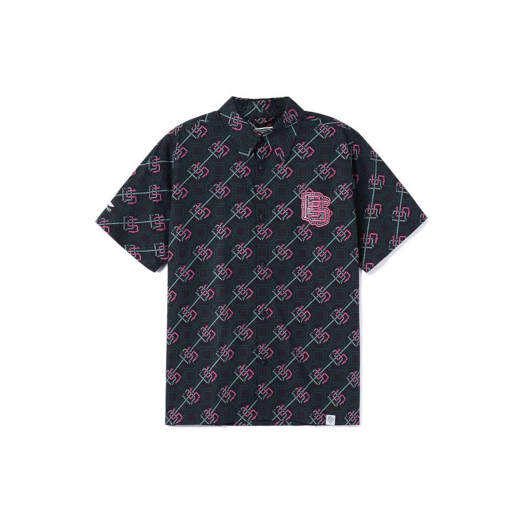 Li Ning Anti-Five Series Color Block Pattern Printed Straight Cut Single-Breasted Casual Short Sleeve Shirt Unisex Shirts Black ASHR159-2