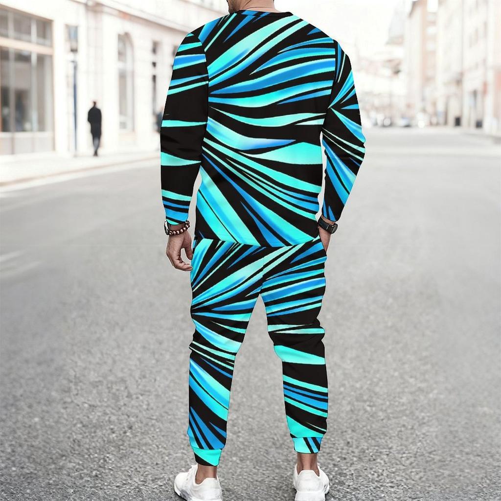 Men Pink Black White Wavy Curve Geometric Print Long Sleeve Sweatshirt Jogger Pants Two Piece Suit