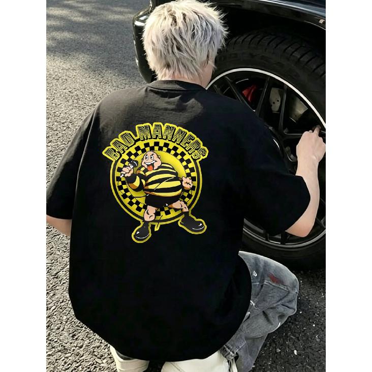 Black T Shirt with Bad Manners Cartoon Character And Yellow Checkered Design for Casual Wear S чёрный