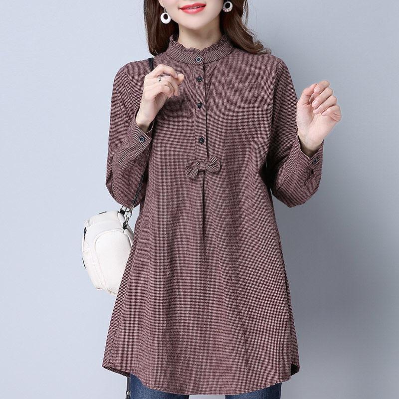 Cotton Plaid Long Sleeved Shirt for Women Spring and Autumn Medium To Long Standing Collar Plus Size Shirt