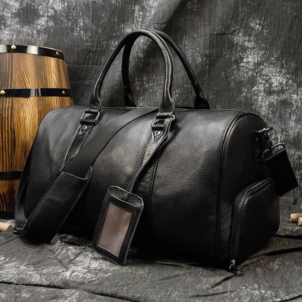 Bolsa de Viagem Masculina de Grande Capacidade em Couro Genuíno – Estilo Europeu e Americano, Couro Bovino de Camada Superior, Bolsa de Mão Casual para Fitness